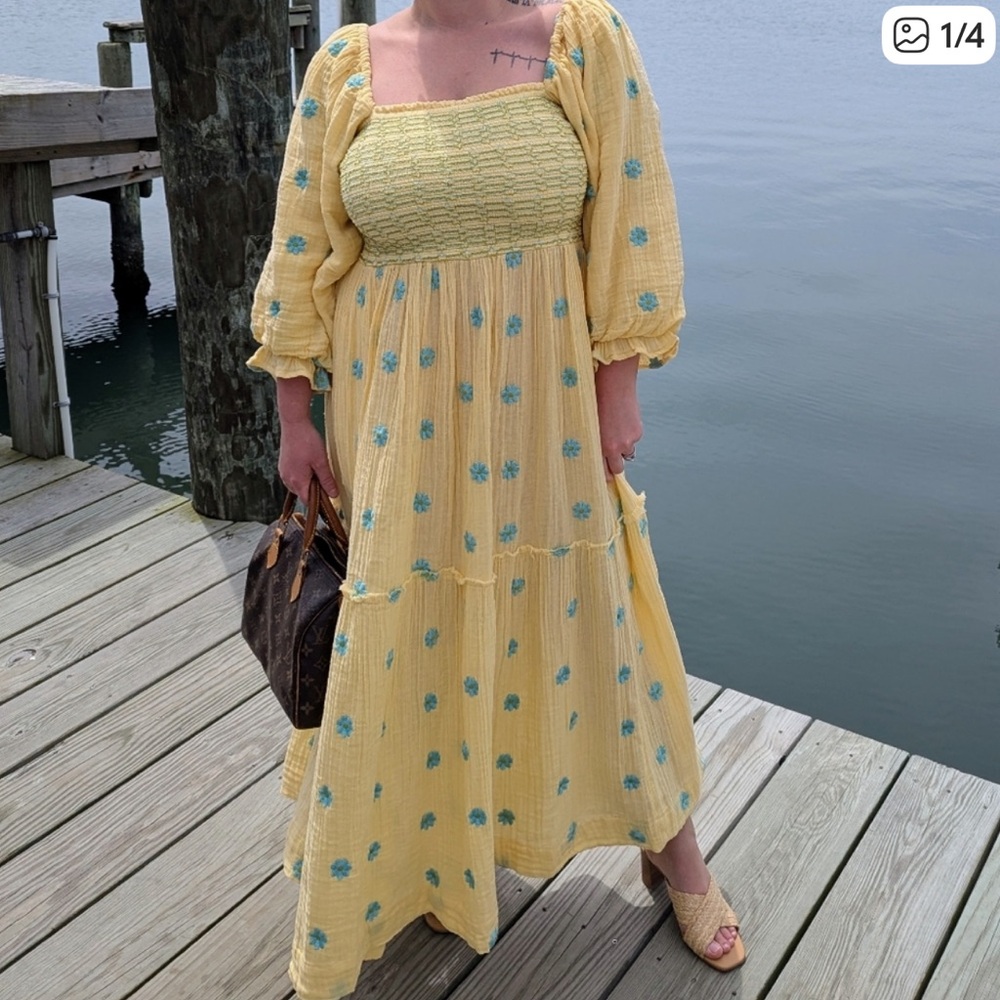 Free People Dress with Blue Floral Embroidery